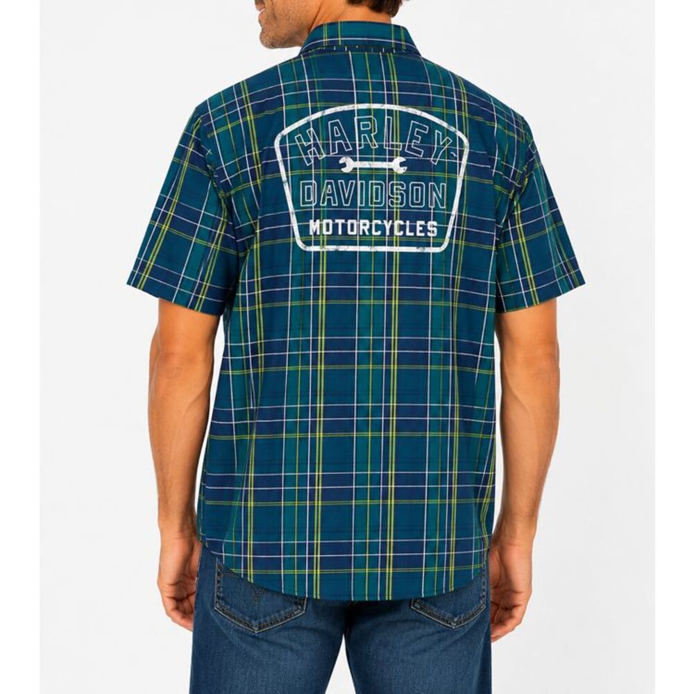 Harley-Davidson Men's XL Plaid Button Up Shirt Blue Green Cotton Logo Back 2022